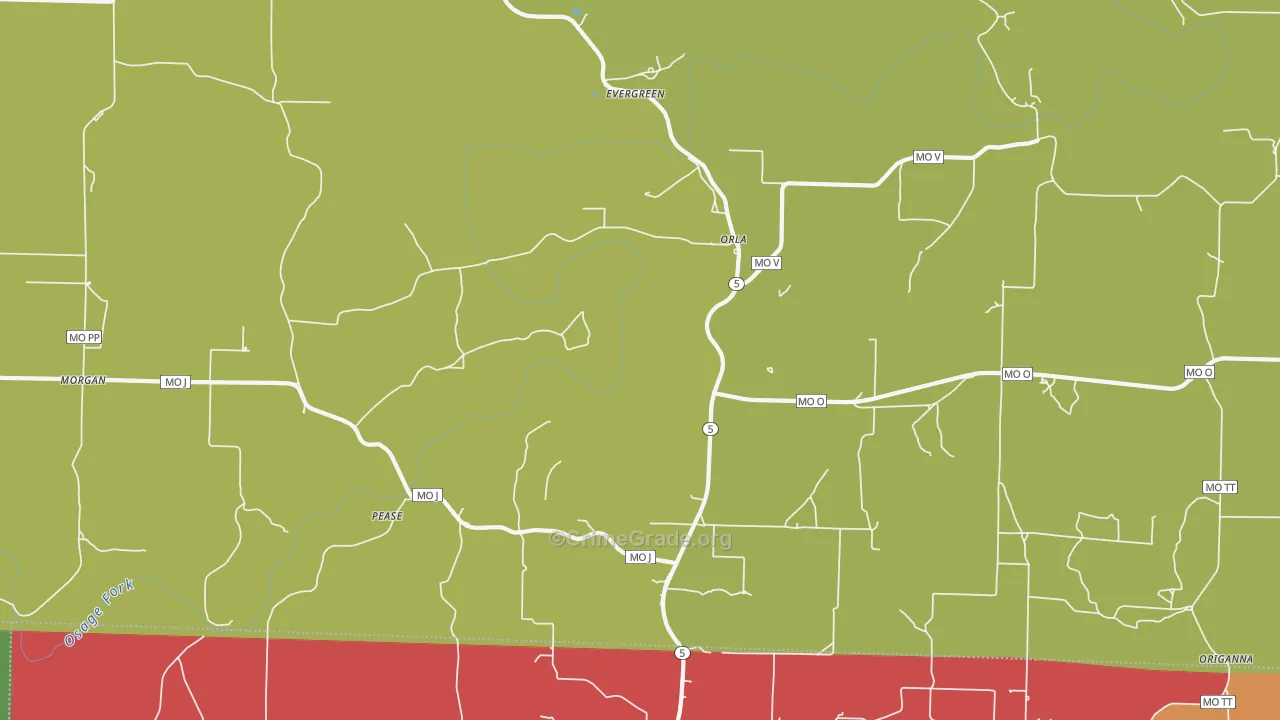Evergreen, MO Map of Theft Rates