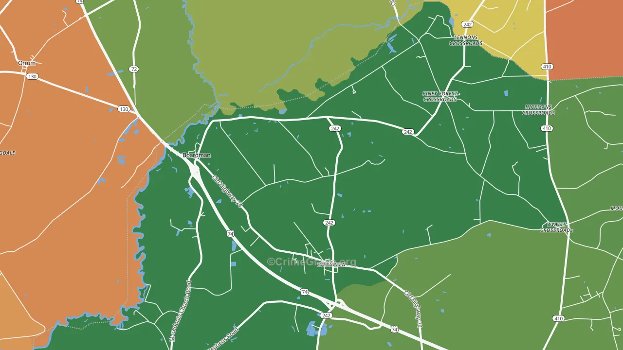 Evergreen, NC Map of Theft Rates