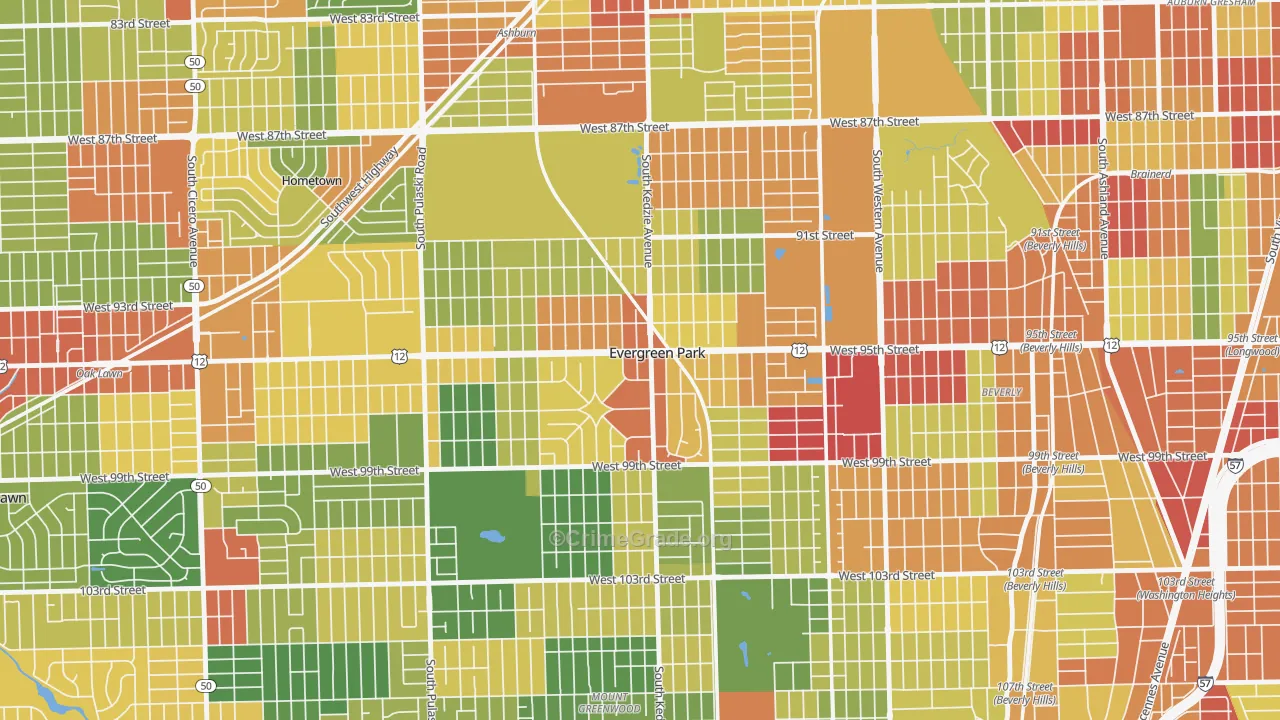 Evergreen Park, IL Map of Theft Rates