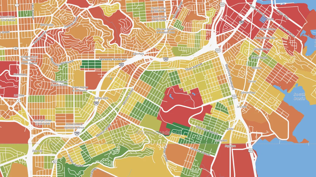 Excelsior, San Francisco, CA Map of Theft Rates