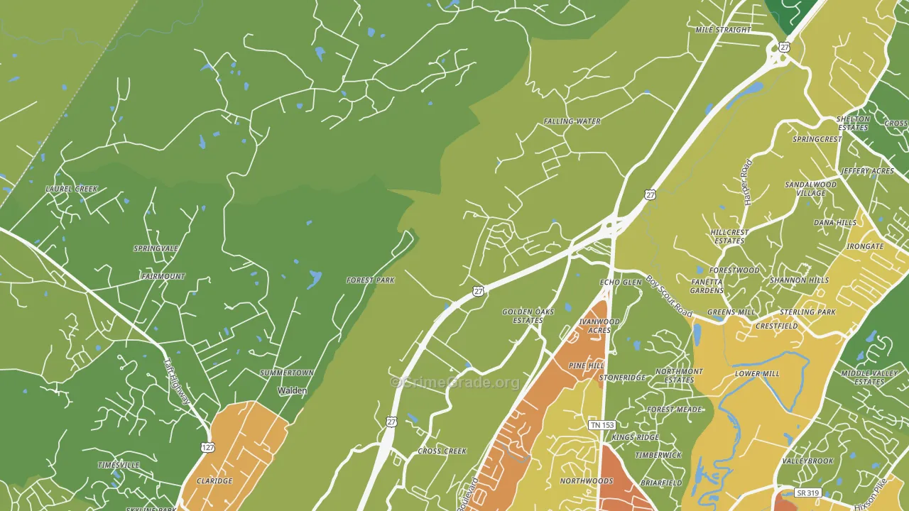 Falling Water, TN Map of Theft Rates