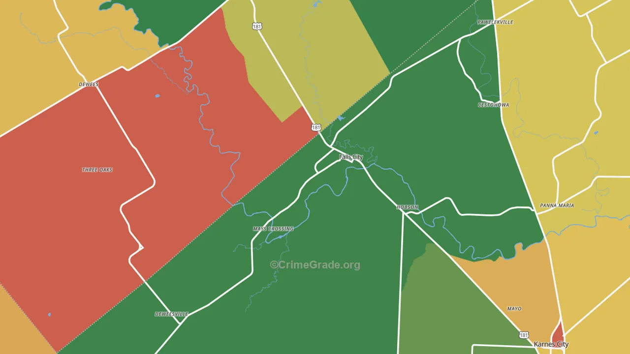 Falls City, TX Map of Theft Rates