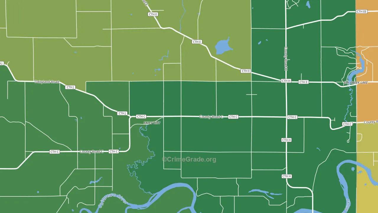 Falls City, WI Map of Theft Rates