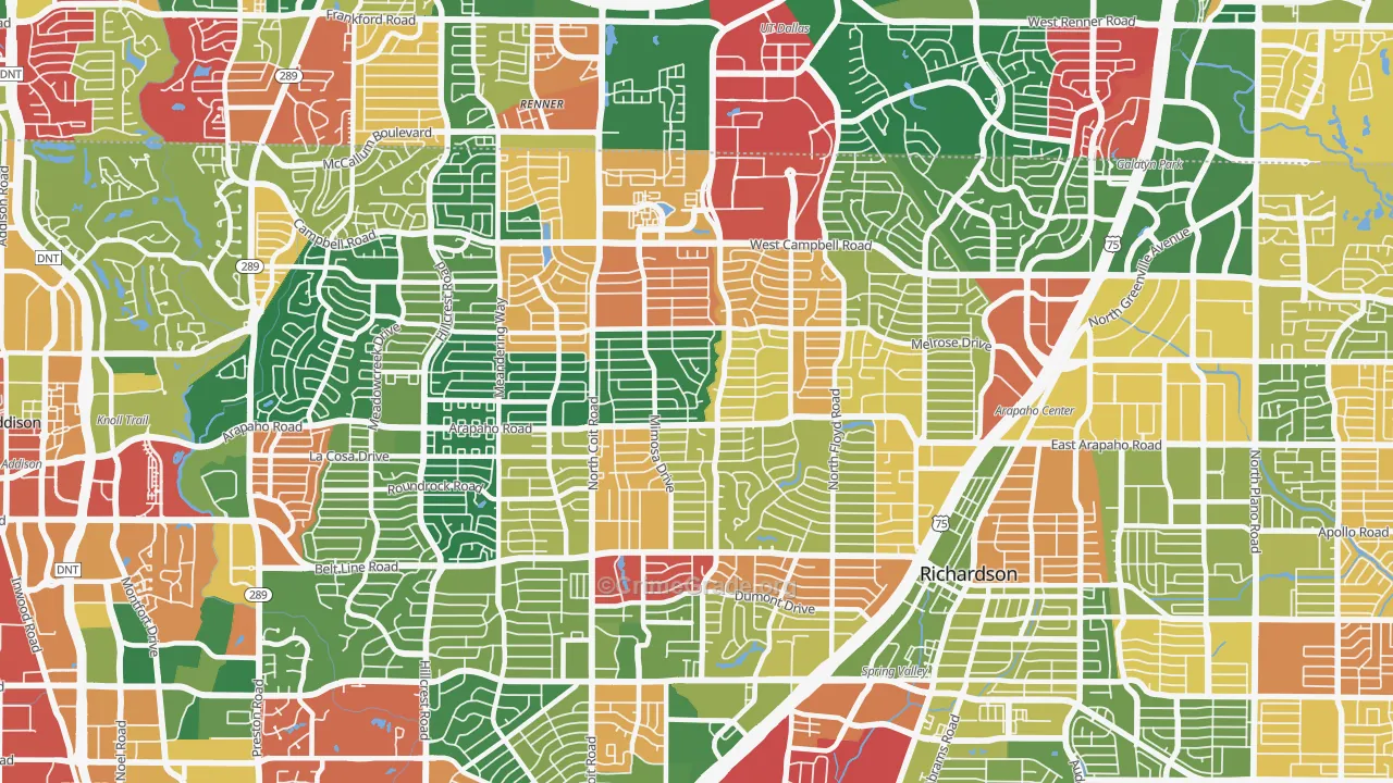 Far North Dallas-Richardson, Richardson, TX Map of Theft Rates