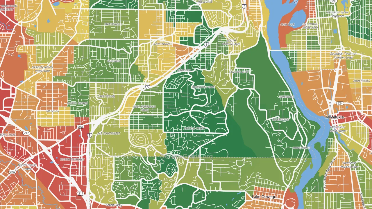 Far Southwest, Portland, OR Map of Theft Rates