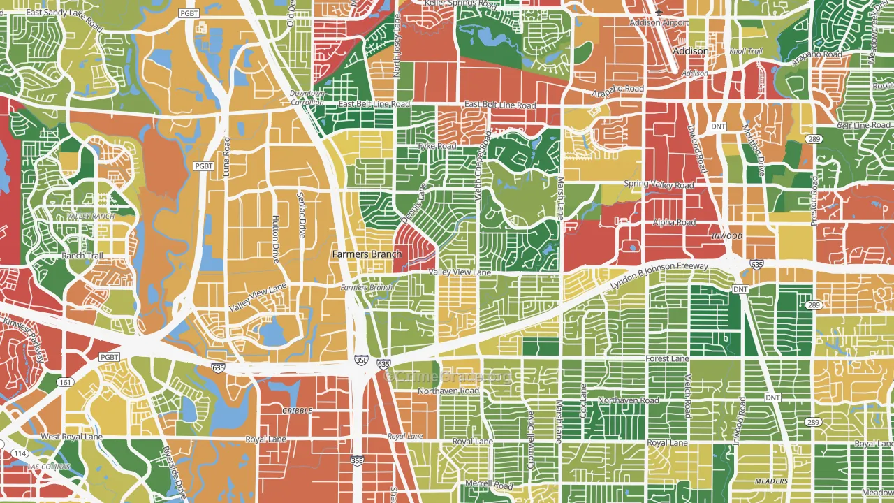 Farmers Branch, TX Map of Theft Rates