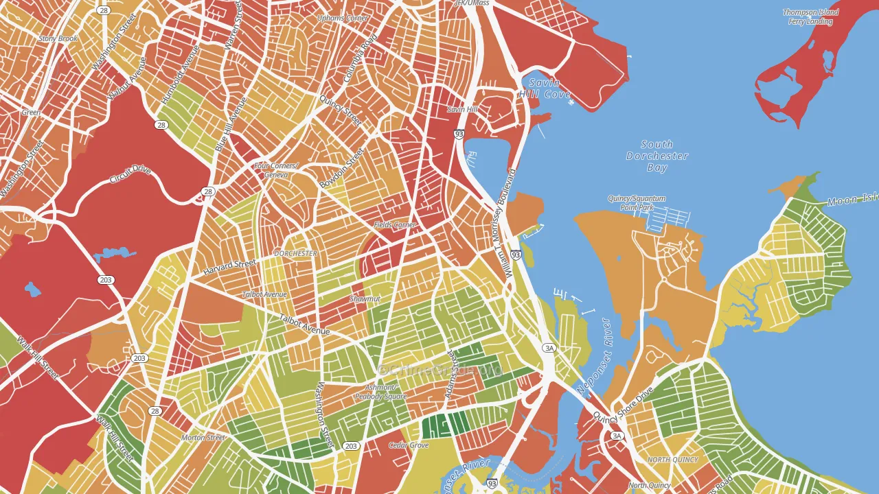 Fields Corner, Boston, MA Map of Theft Rates
