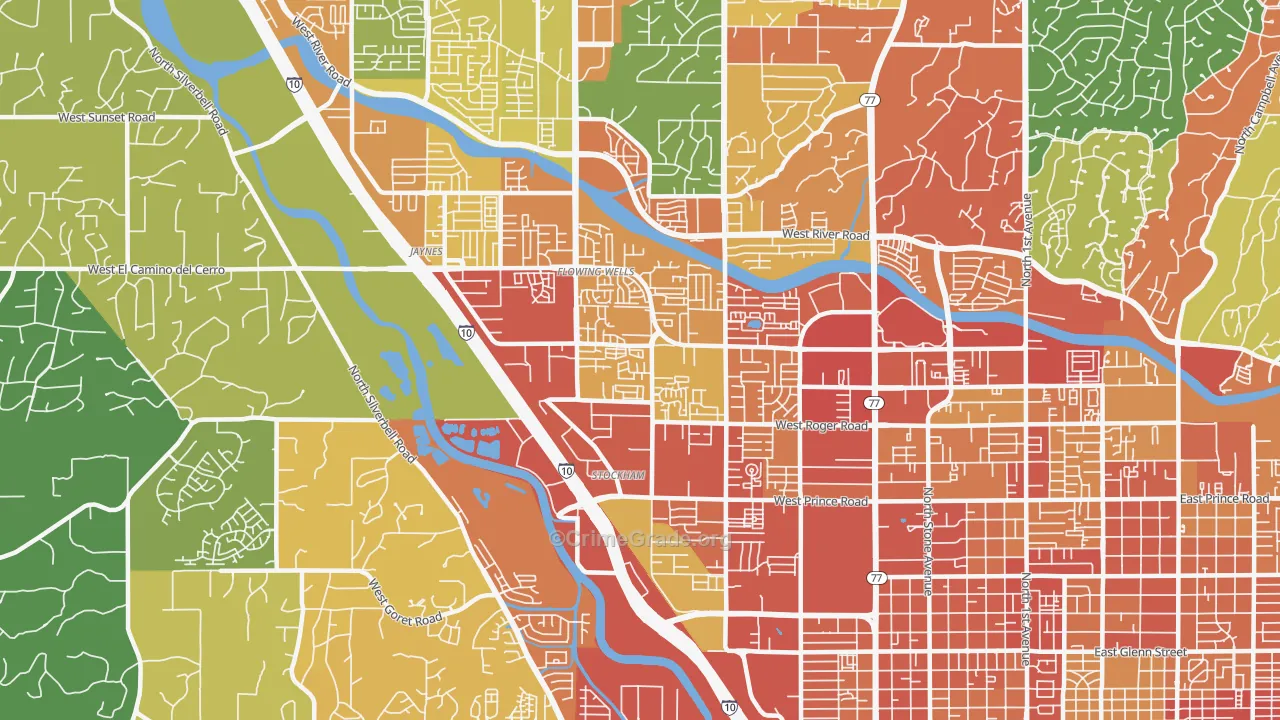 Flowing Wells, AZ Map of Theft Rates