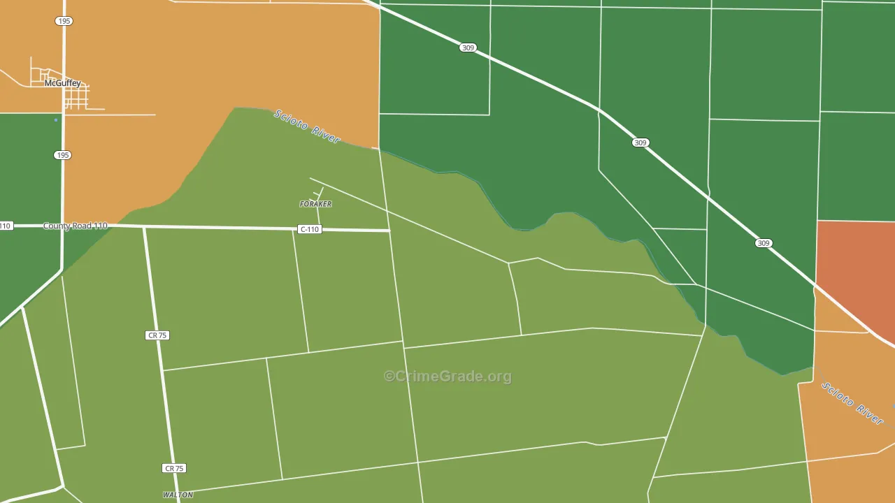 Foraker, OH Map of Theft Rates