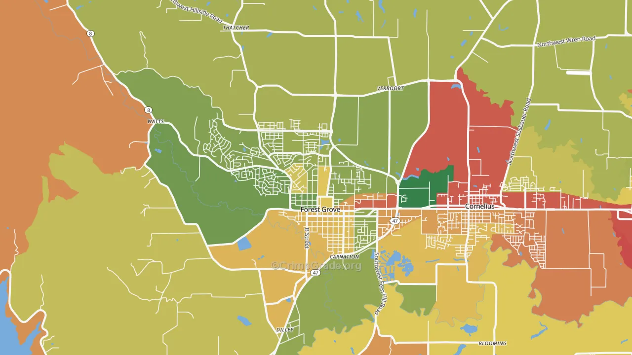 Forest Grove, OR Map of Theft Rates