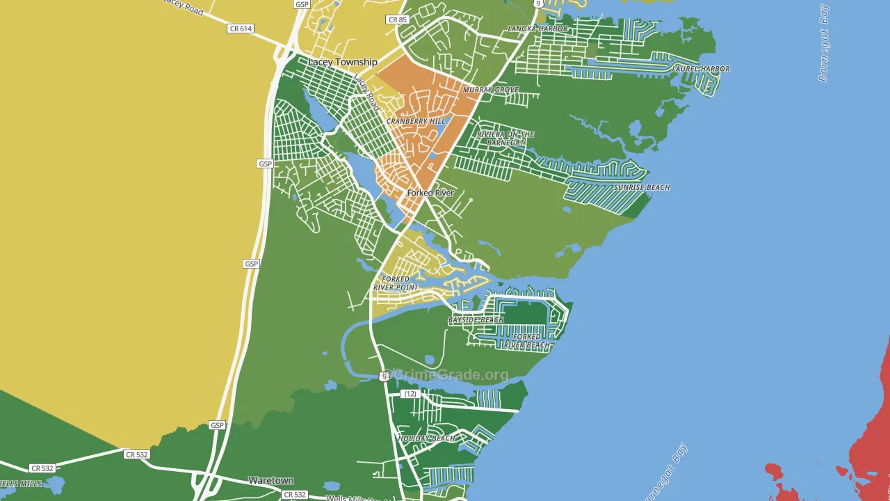 Forked River Beach, NJ Map of Theft Rates