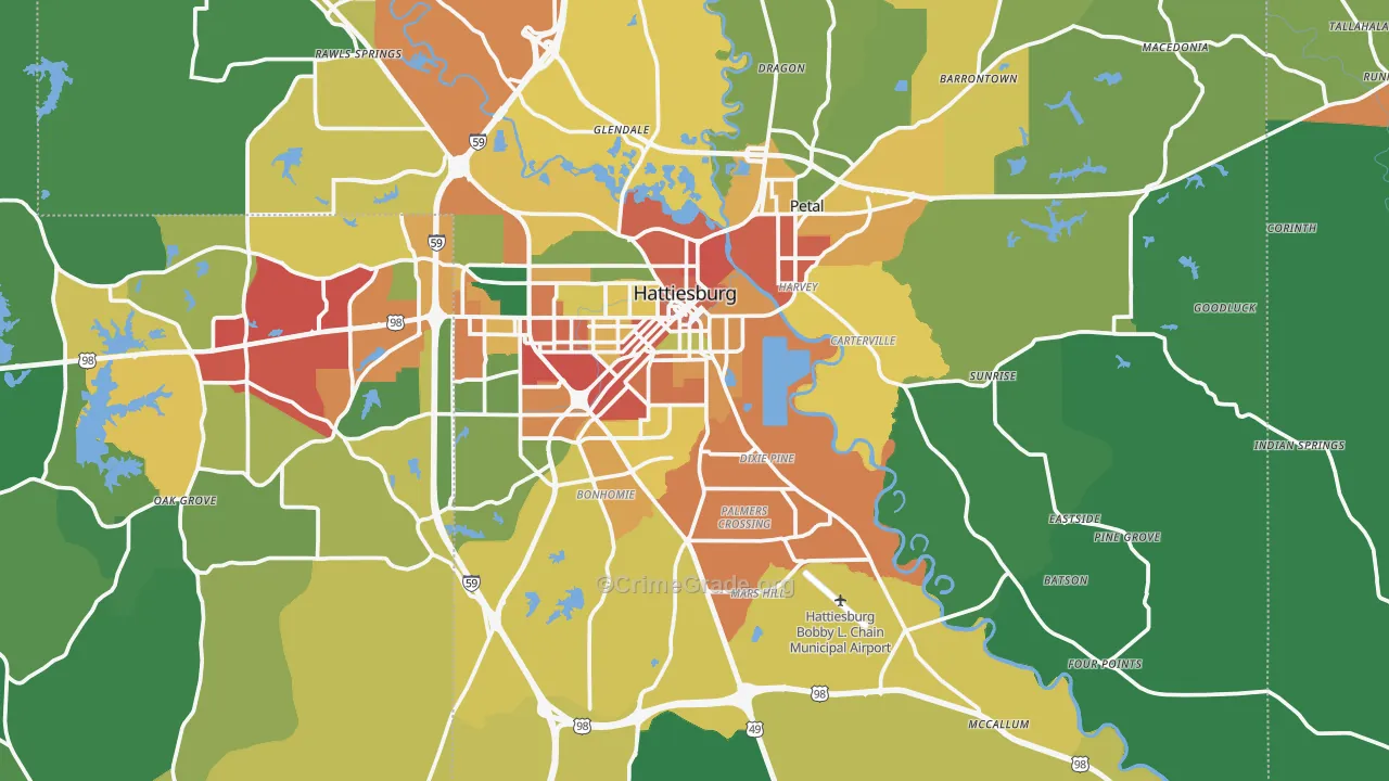 Forrest County, MS Map of Theft Rates