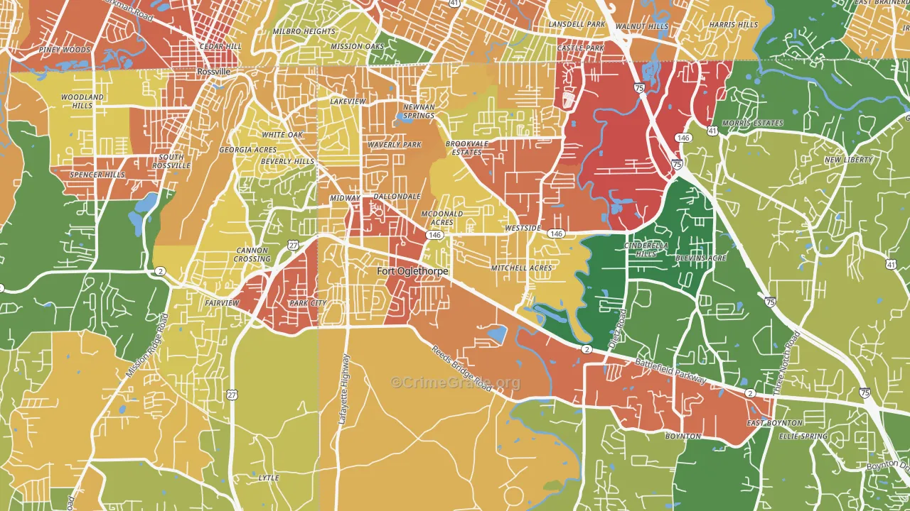 Fort Oglethorpe, GA Map of Theft Rates