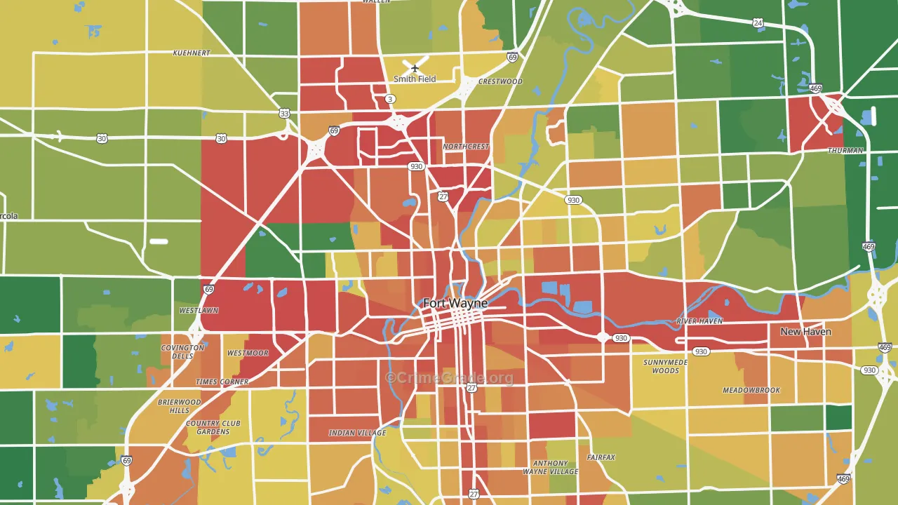 Fort Wayne, IN Map of Theft Rates