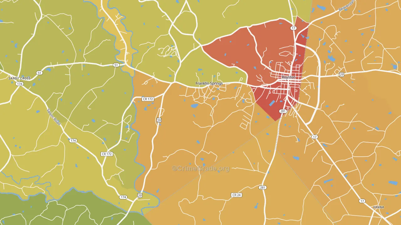 Franklin Springs, GA Map of Theft Rates