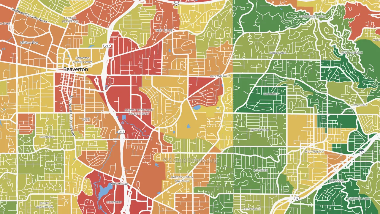 Garden Home-Raleigh Hills, Portland, OR Map of Theft Rates