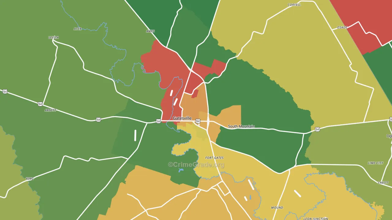 Gatesville, TX Map of Theft Rates