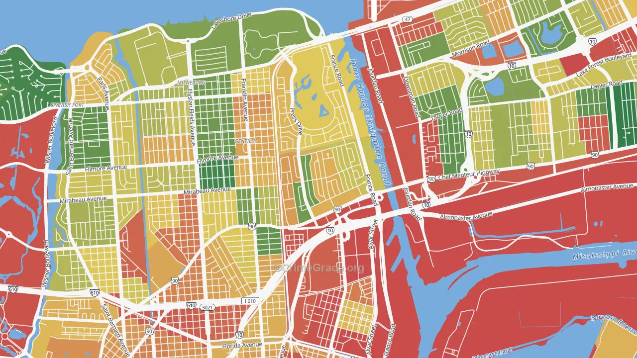 Gentilly Woods, New Orleans, LA Map of Theft Rates