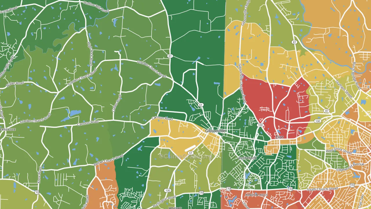 Gibsonville, NC Map of Theft Rates