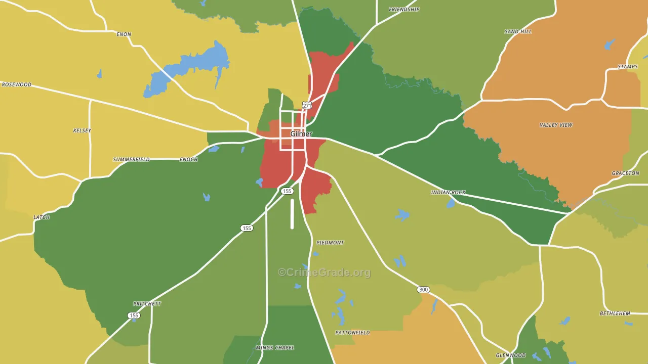 Gilmer, TX Map of Theft Rates