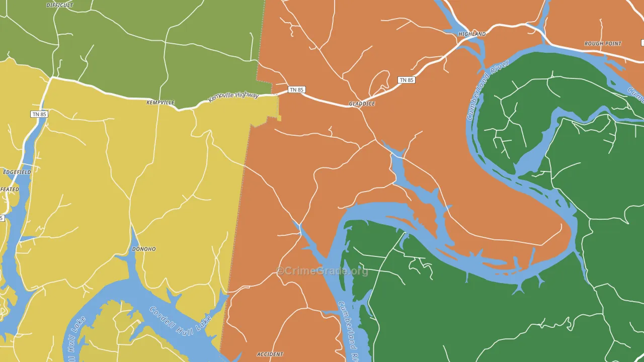 Gladdice, TN Map of Theft Rates