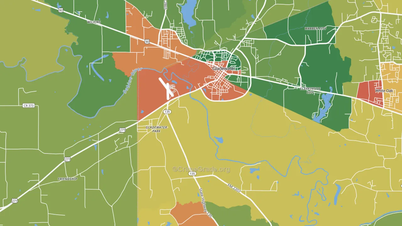 Gladewater, TX Map of Theft Rates