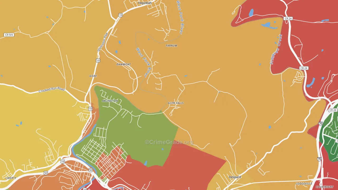 Glen Falls, WV Map of Theft Rates