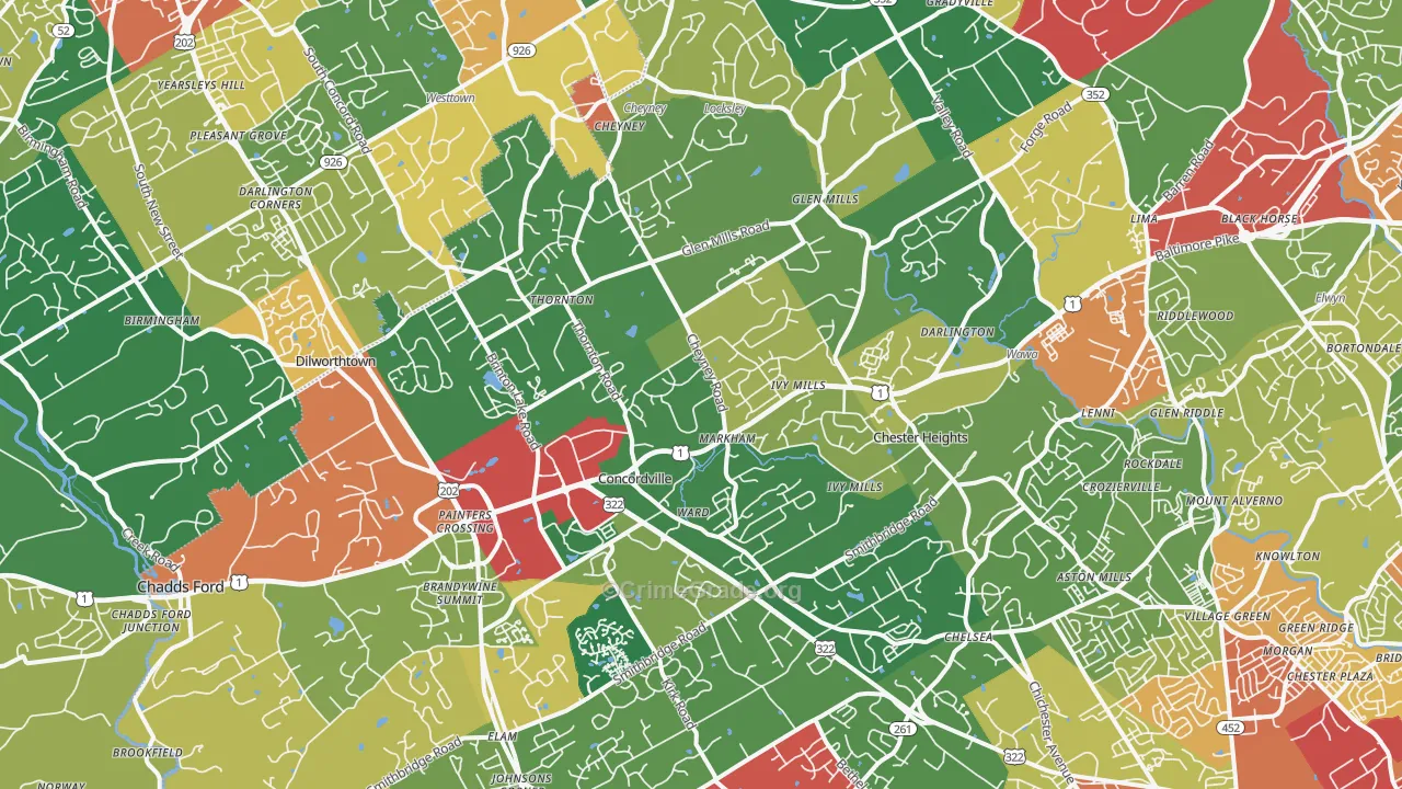 Glen Mills, PA Map of Theft Rates