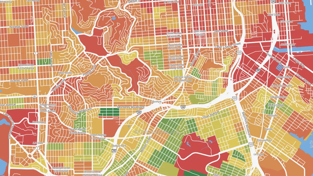 Glen Park, San Francisco, CA Map of Theft Rates