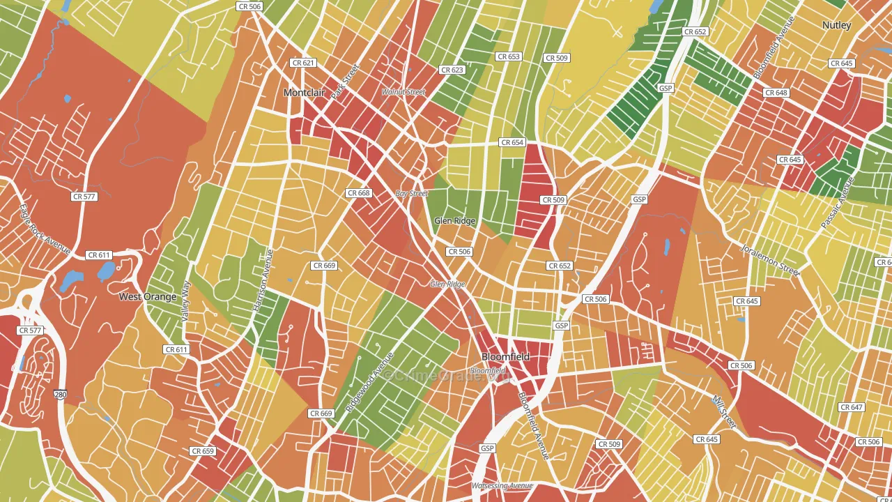 Glen Ridge, NJ Map of Theft Rates