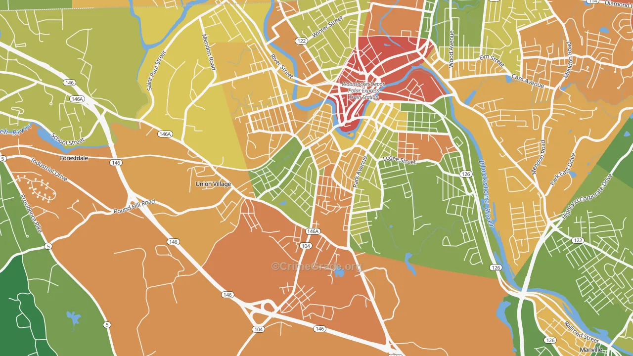 Globe, Woonsocket, RI Map of Theft Rates