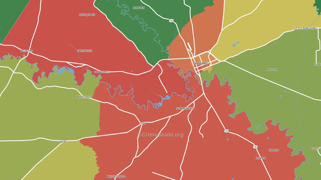 Gonzales County, TX Map of Theft Rates