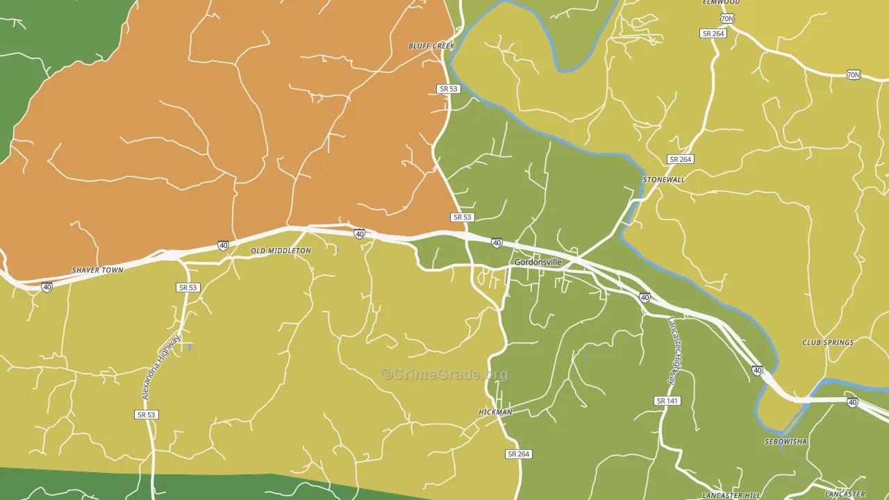 Gordonsville, TN Map of Theft Rates