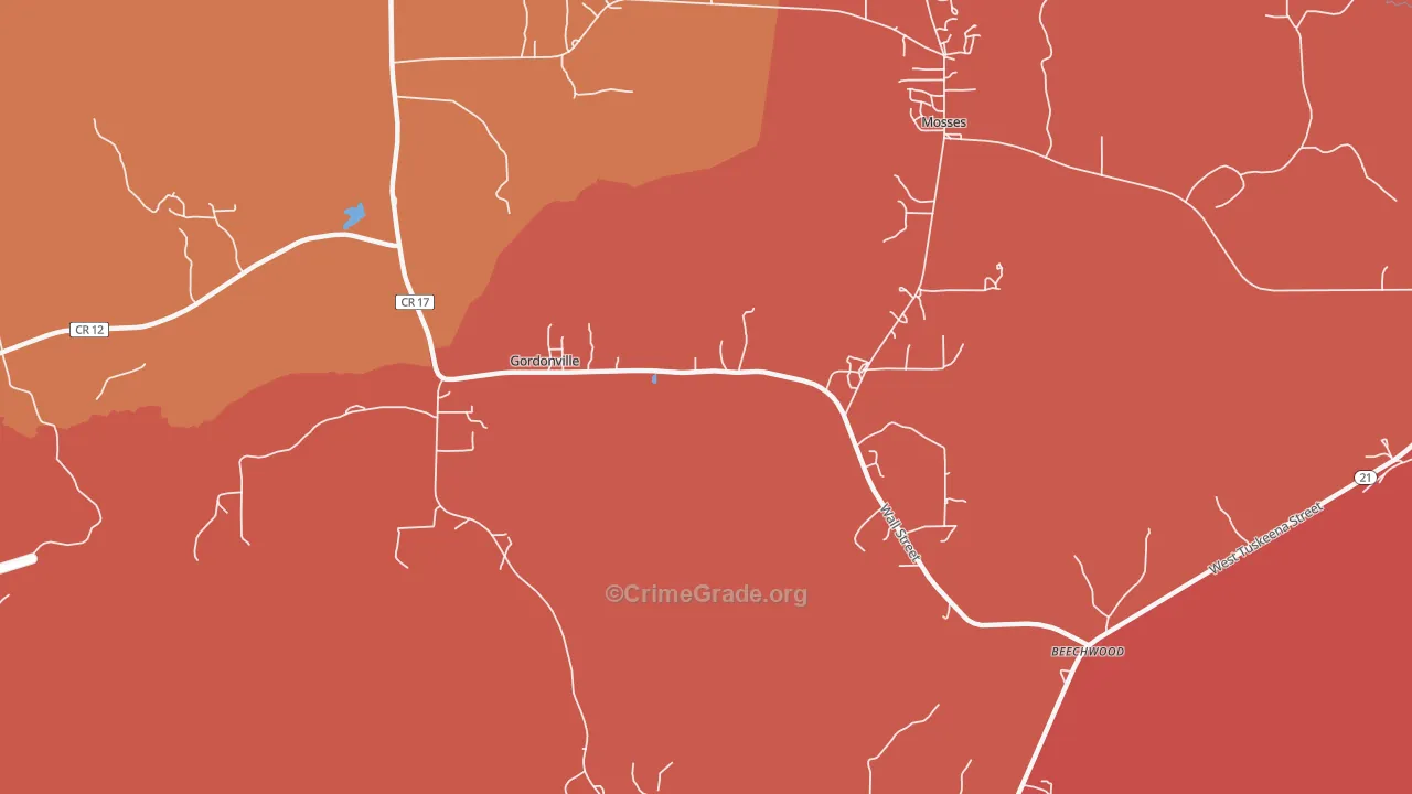 Gordonville, AL Map of Theft Rates