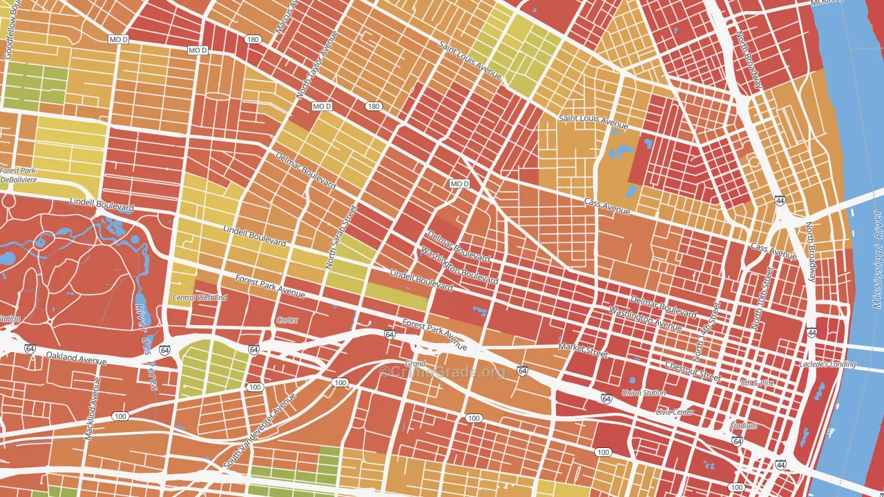 Grand Center, St. Louis, MO Map of Theft Rates