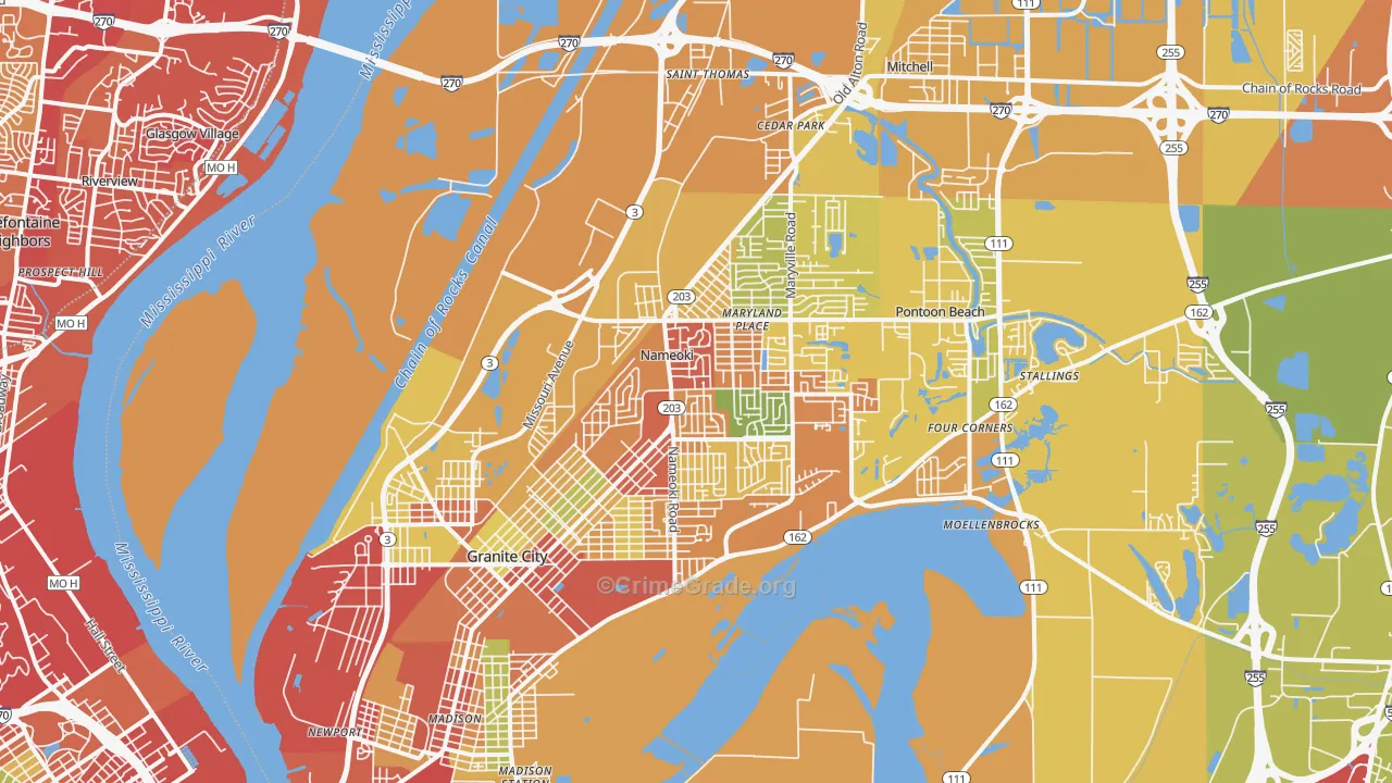 Granite City, IL Map of Theft Rates
