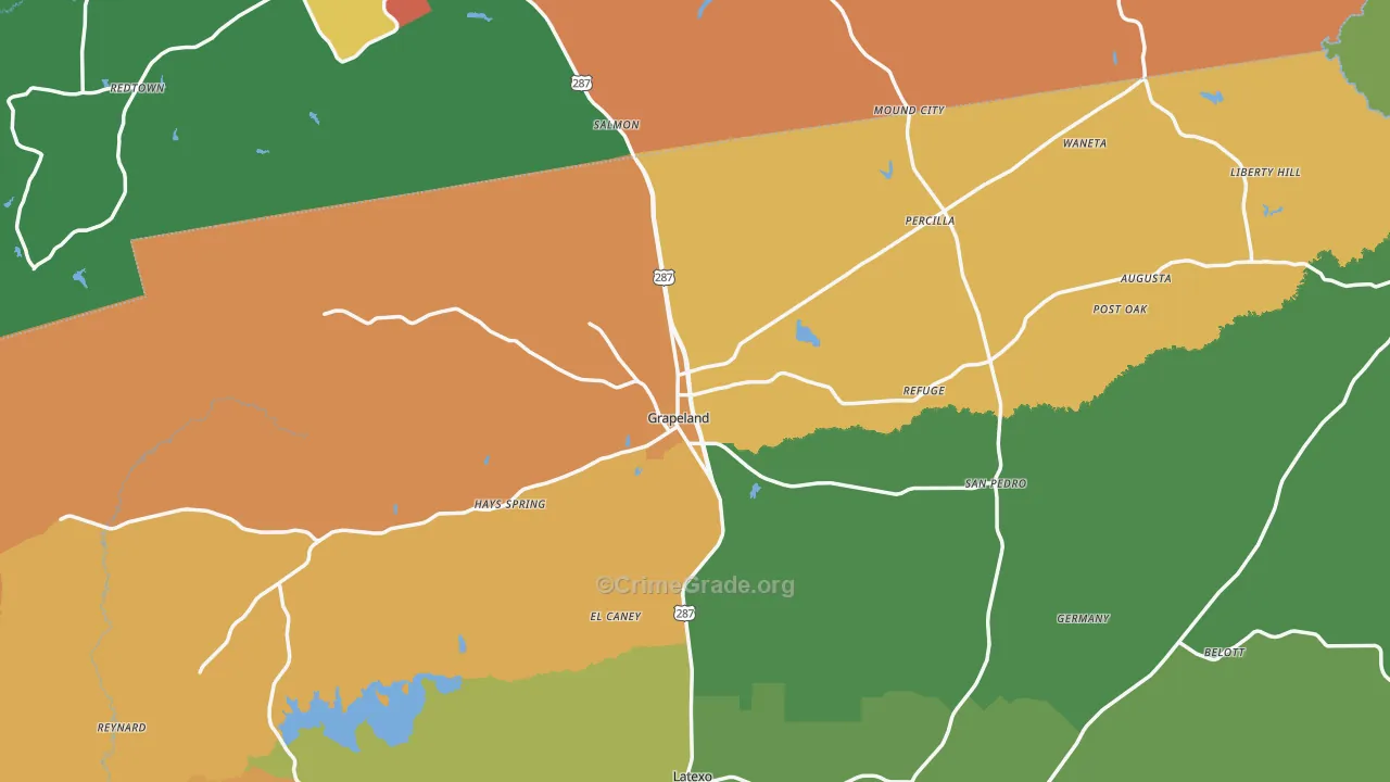 Grapeland, TX Map of Theft Rates