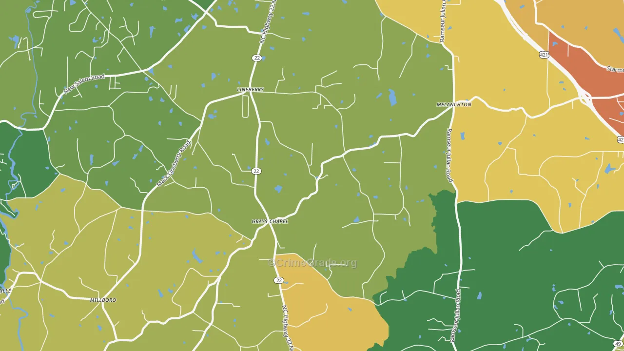 Grays Chapel, NC Map of Theft Rates
