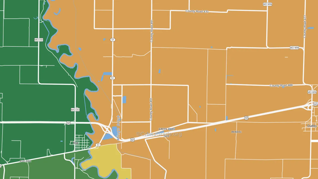 Green Oaks, MO Map of Theft Rates