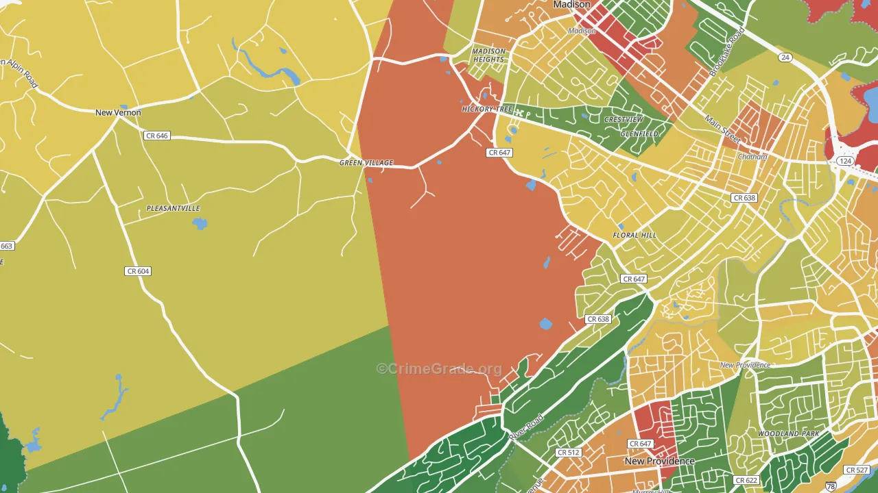 Green Village, NJ Map of Theft Rates