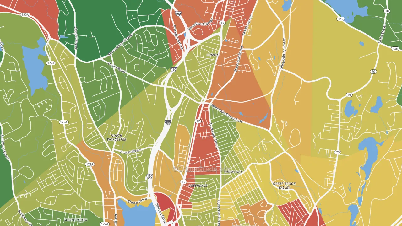 Greendale, Worcester, MA Map of Theft Rates