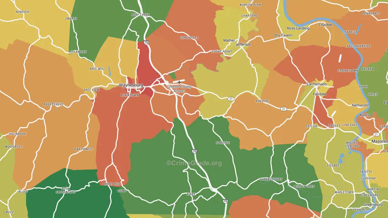 Greene County, PA Map of Theft Rates