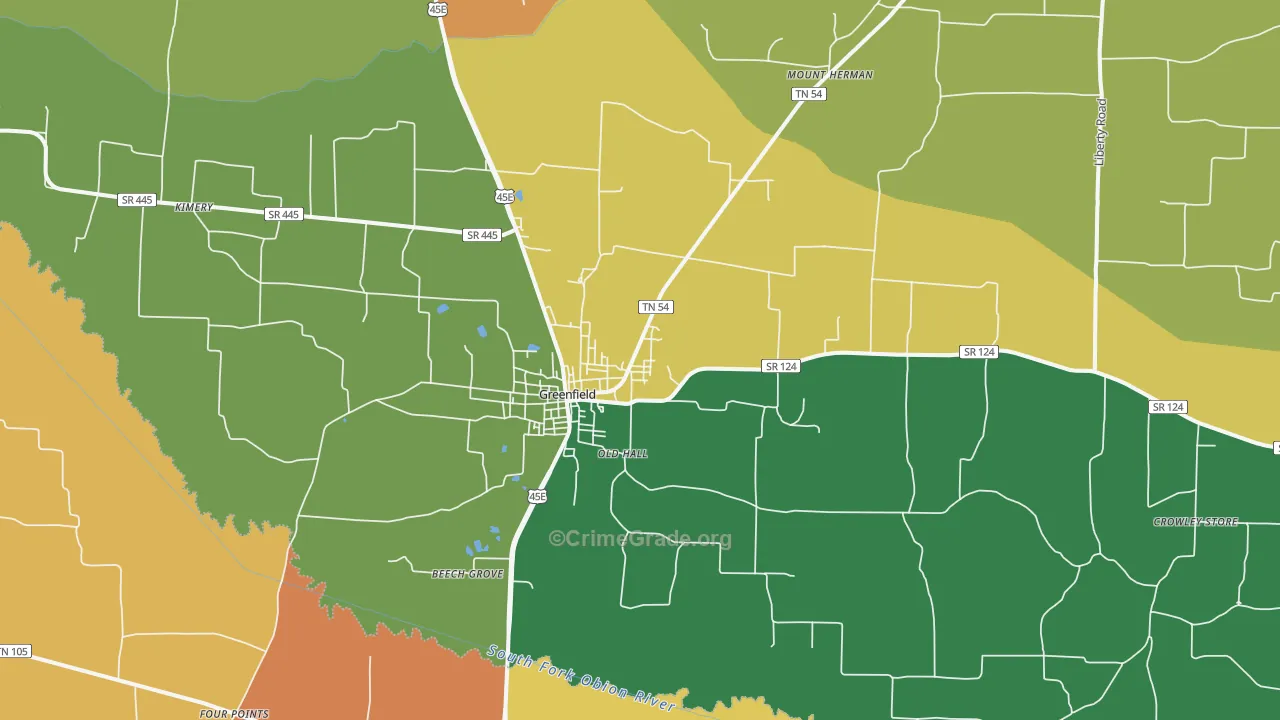 Greenfield, TN Map of Theft Rates