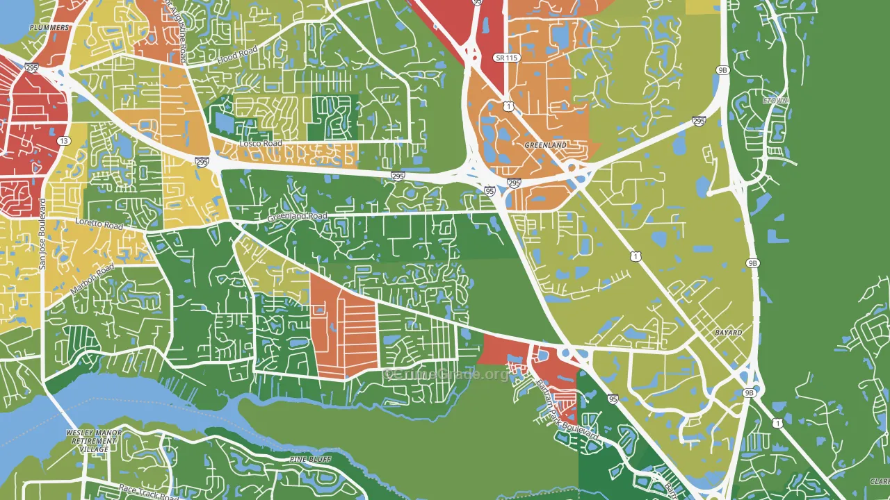 Greenland, Jacksonville, FL Map of Theft Rates