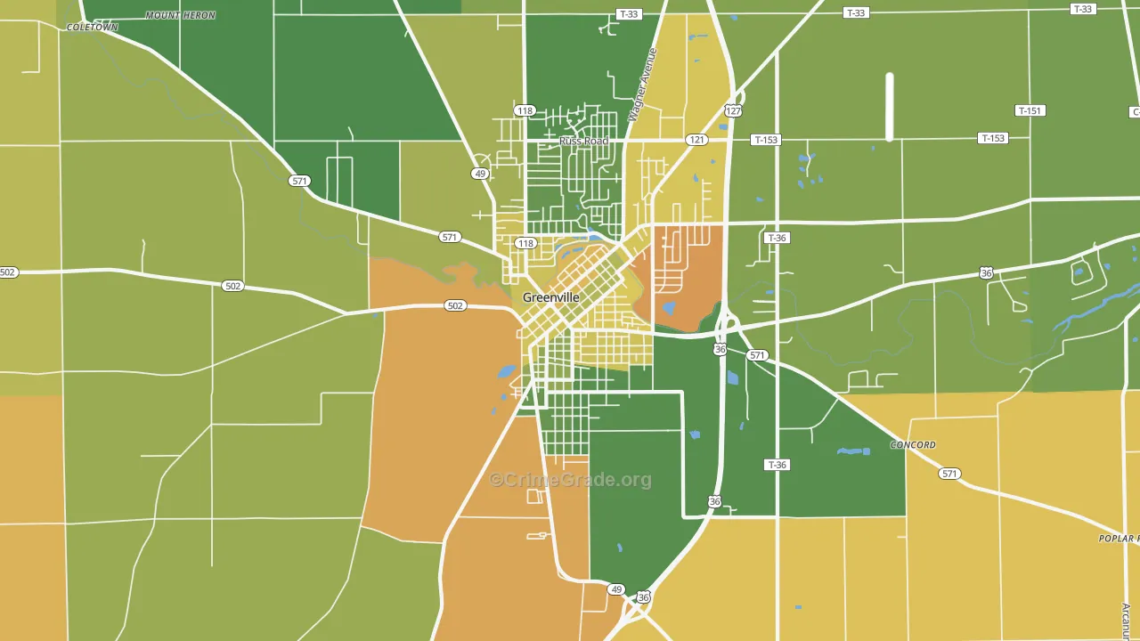 Greenville South Broadway Historic District, Greenville, OH Map of Theft Rates
