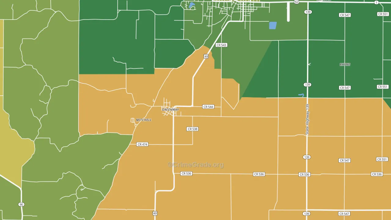 Greenway, AR Map of Theft Rates