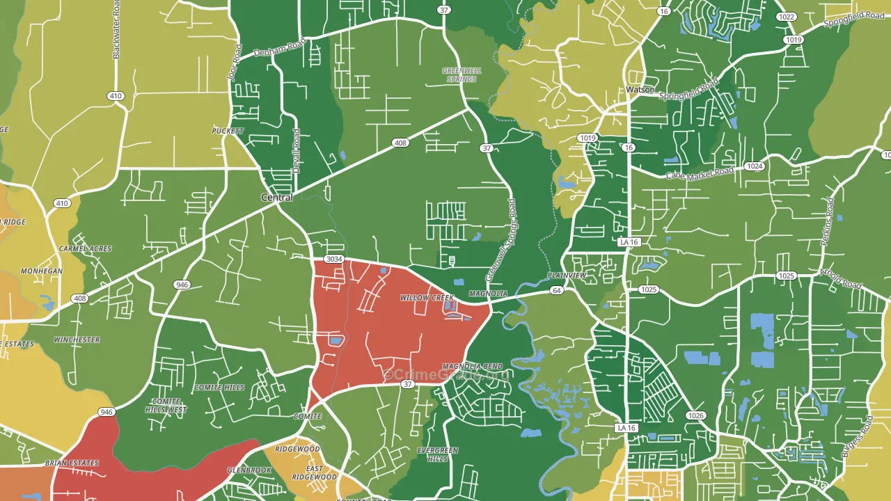 Greenwell Springs, LA Map of Theft Rates