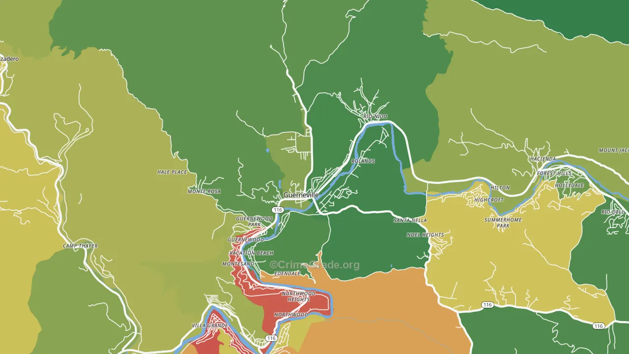 Guerneville, CA Map of Theft Rates