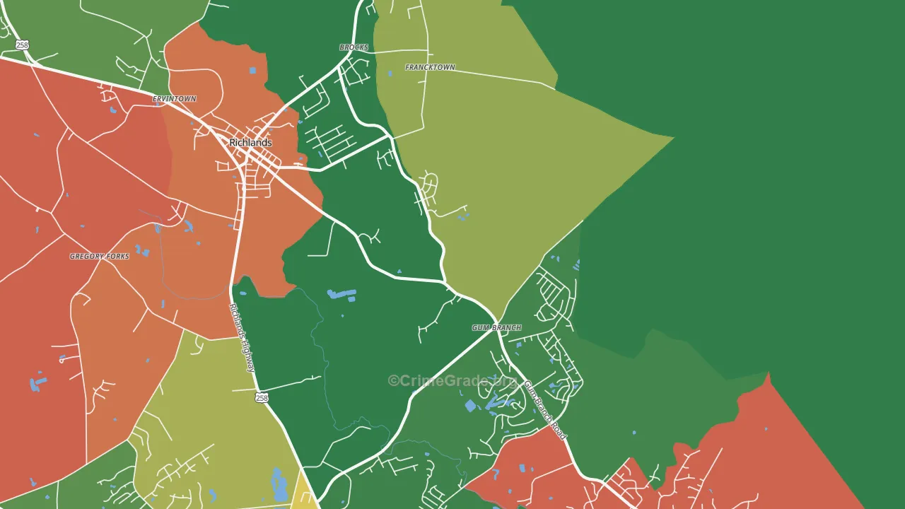 Gum Branch, NC Map of Theft Rates