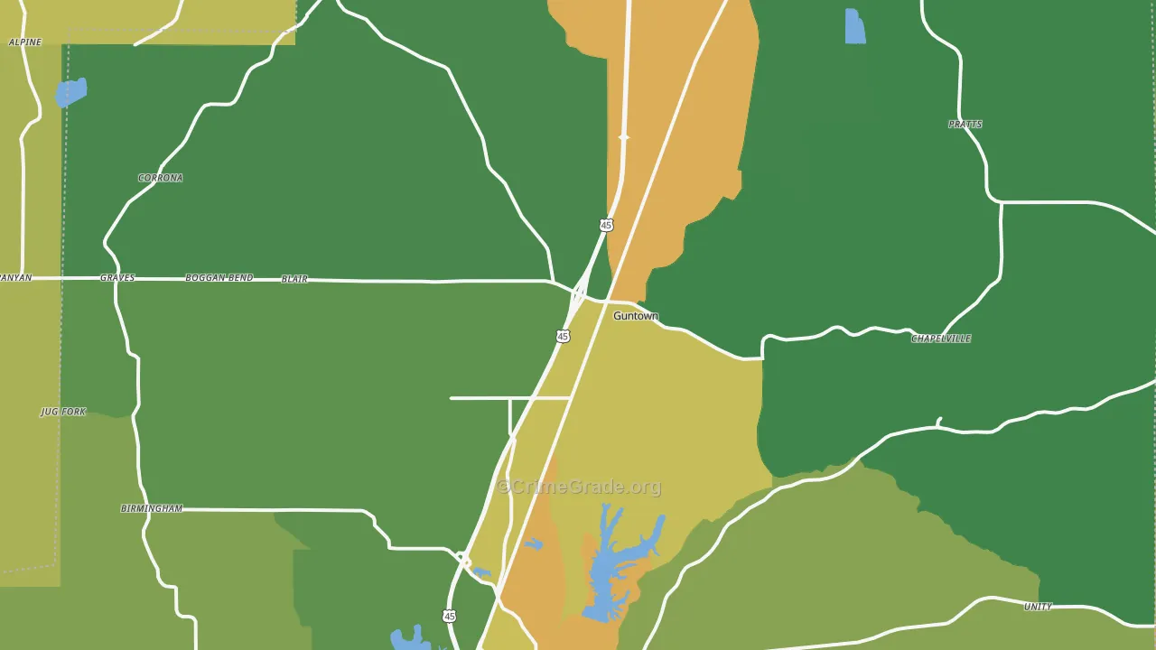 Guntown, MS Map of Theft Rates